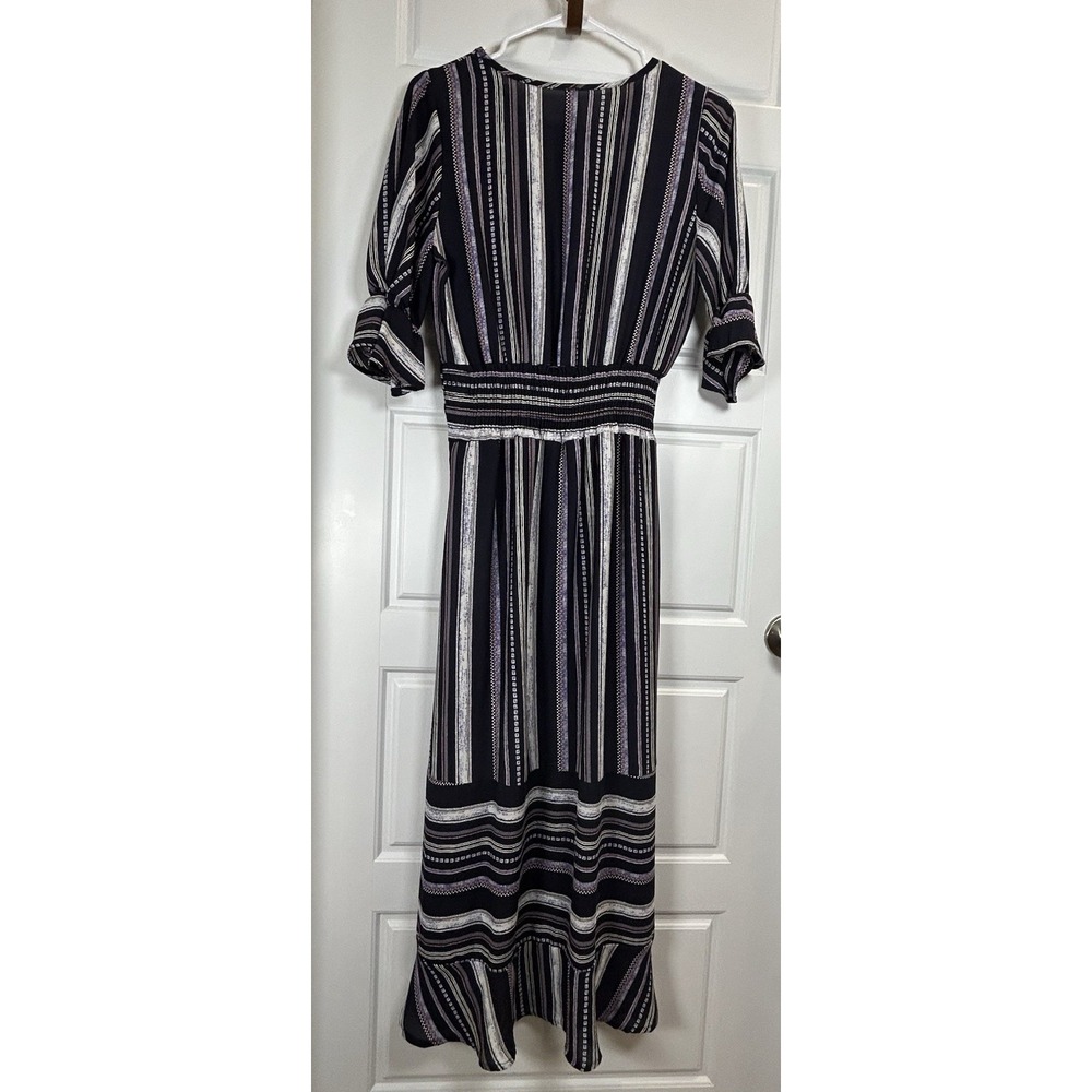 Flamingo Size S Black/White/Purple Striped V-Neck A-Line Short Sleeve Midi Dress - Picture 3 of 3